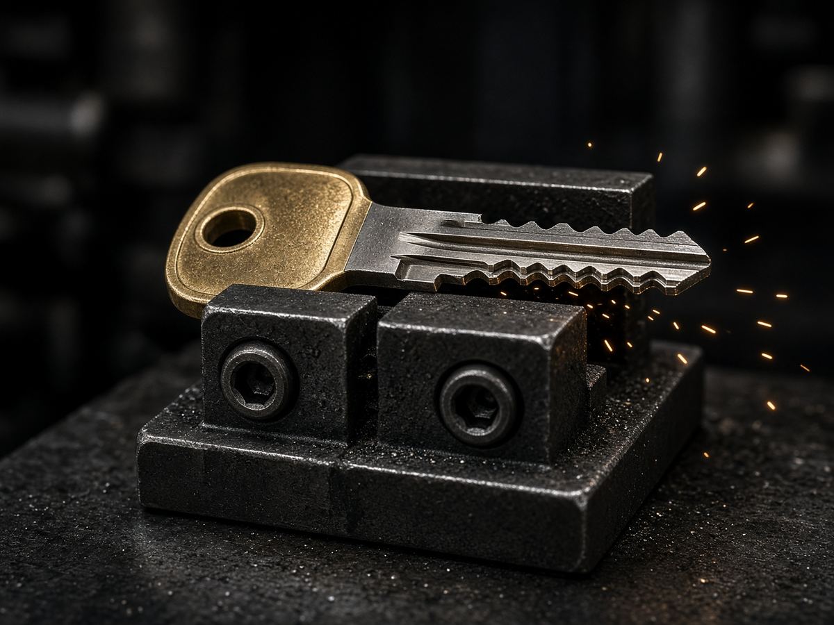 A freshly cut car key blade clamped in a key-cutting vise