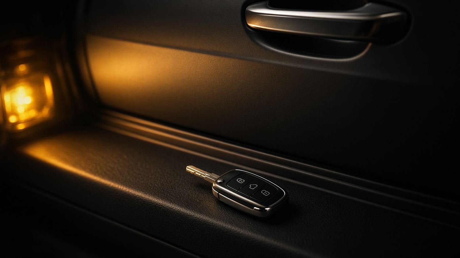 Black car door at night with a key fob on the sill, lit by amber light