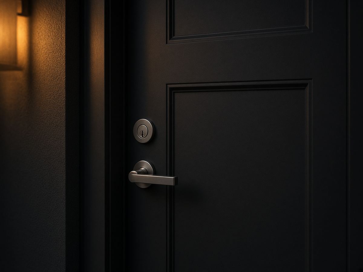 Black front door and lock at night, lit by amber light