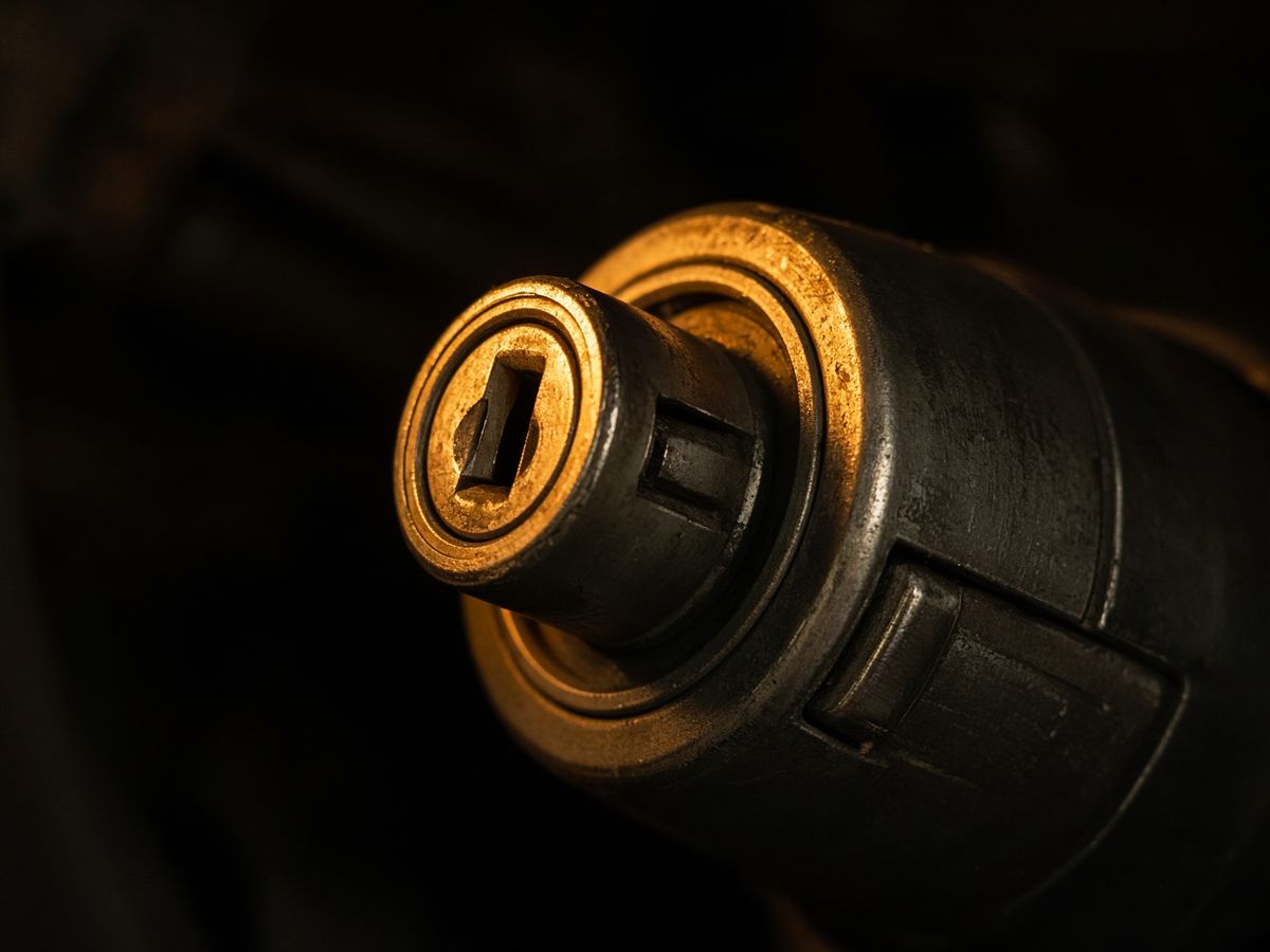 Car ignition barrel on a dark steering column, lit by amber light