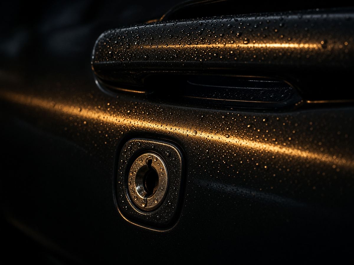 Close-up of a car door lock and handle at night with an amber light streak