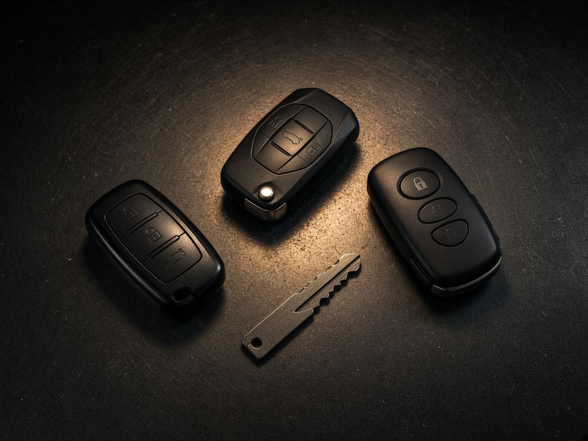 Car key fobs and a cut key blade on a dark workbench under amber light